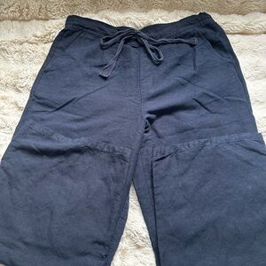 Casual Navy Blue Linen Blend Wide Leg Pants